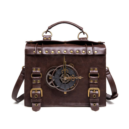 Vintage Steampunk Shoulder Bag - Brown with Gear Accents, Detachable Crossbody Strap, Perfect for Halloween & Parties, Gothic Purse