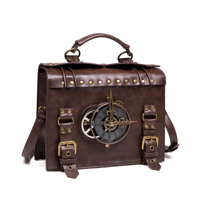 Vintage Steampunk Shoulder Bag - Brown with Gear Accents, Detachable Crossbody Strap, Perfect for Halloween & Parties, Gothic Purse