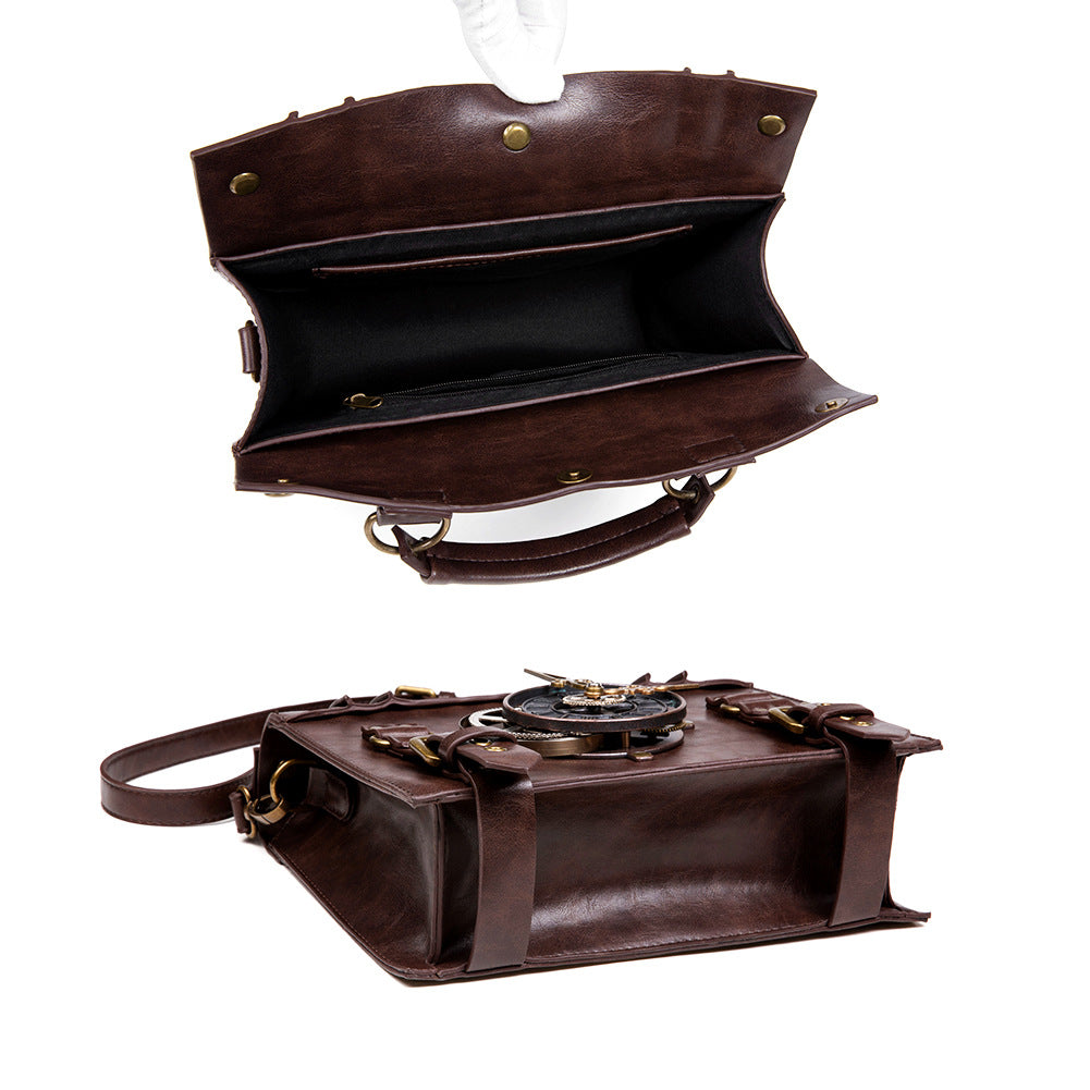 Vintage Steampunk Shoulder Bag - Brown with Gear Accents, Detachable Crossbody Strap, Perfect for Halloween & Parties, Gothic Purse