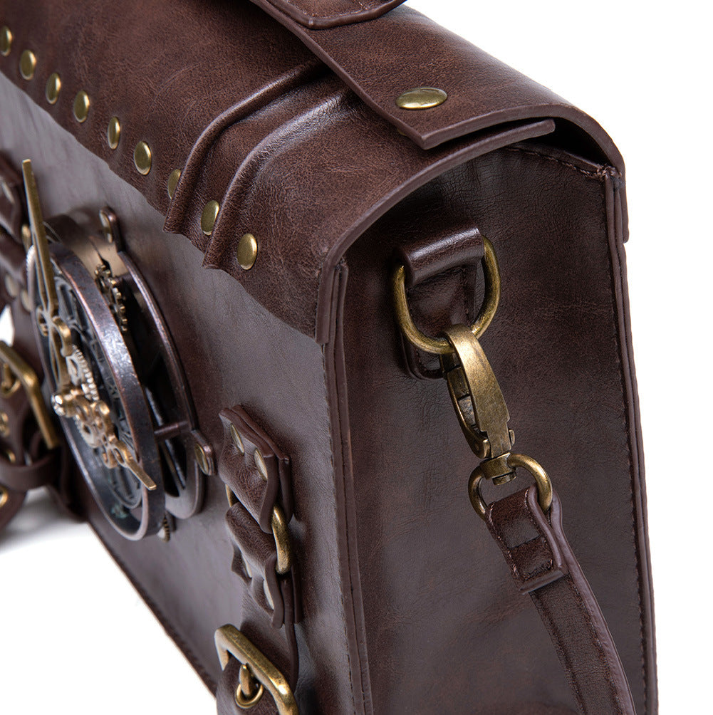 Vintage Steampunk Shoulder Bag - Brown with Gear Accents, Detachable Crossbody Strap, Perfect for Halloween & Parties, Gothic Purse