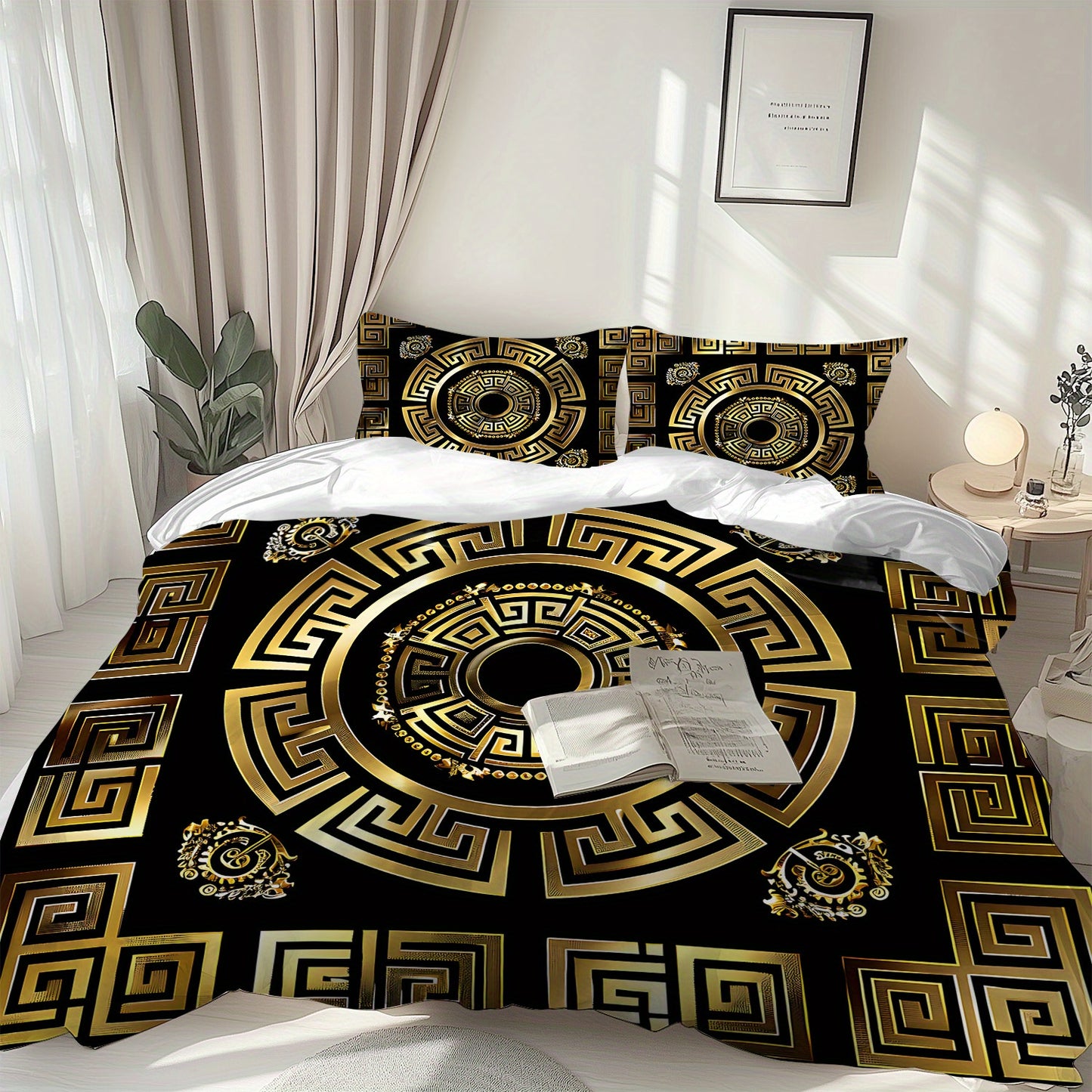 Latacaca 3pcs Black and Golden Greek Meander Pattern Duvet Cover Set, (1 Duvet Cover + 2 Pillowcases), Machine Washable, Elegant Design Bedding Set, Comfortable Bed Cover Set for Bedroom