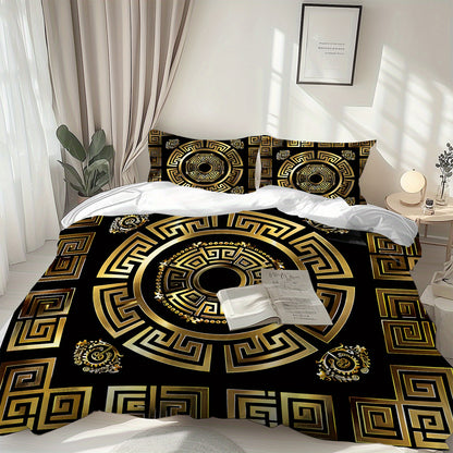Latacaca 3pcs Black and Golden Greek Meander Pattern Duvet Cover Set, (1 Duvet Cover + 2 Pillowcases), Machine Washable, Elegant Design Bedding Set, Comfortable Bed Cover Set for Bedroom