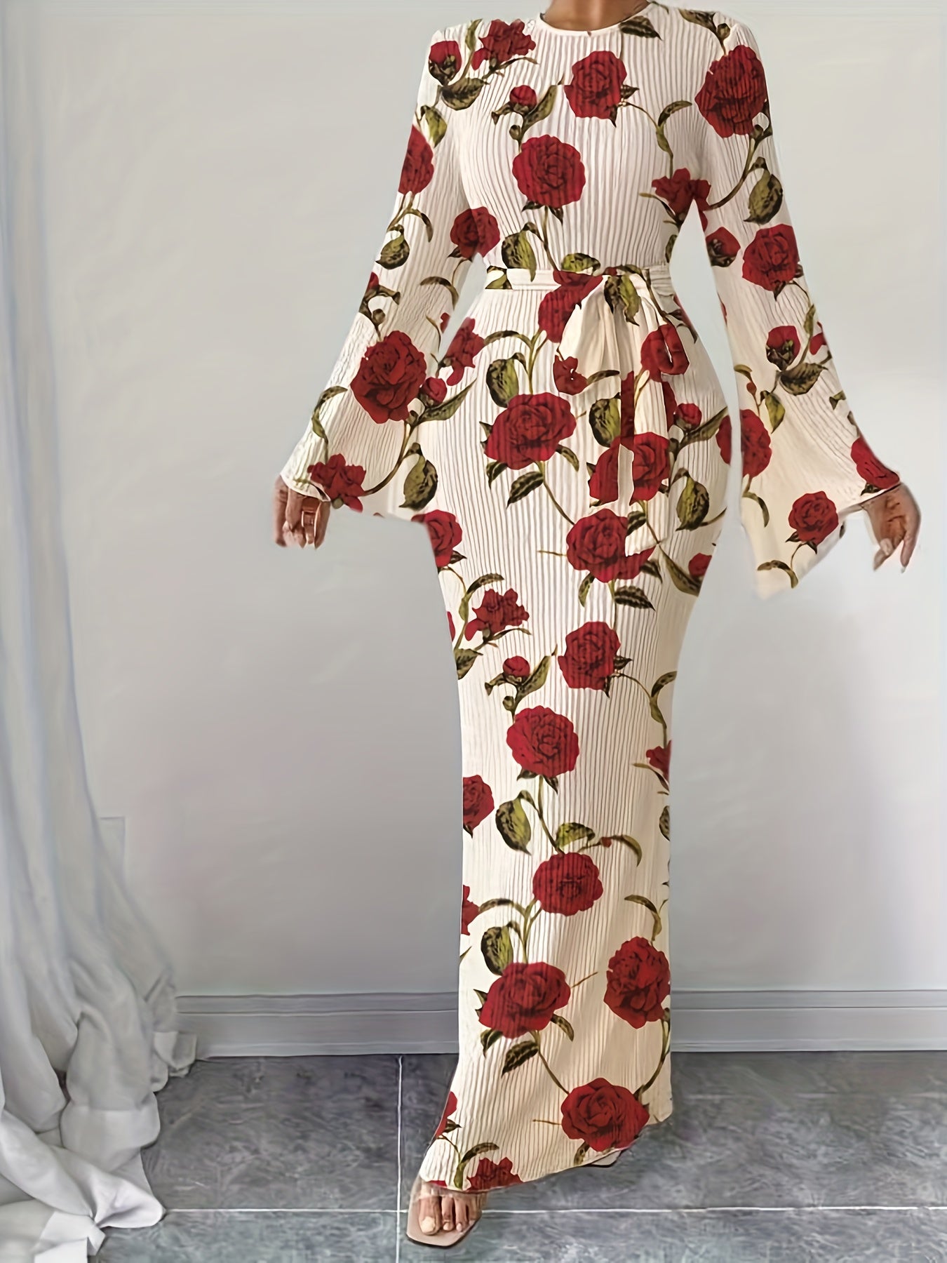 Women's Elegant Pleated Fabric Flared Long Sleeve Dress for Autumn and Winter