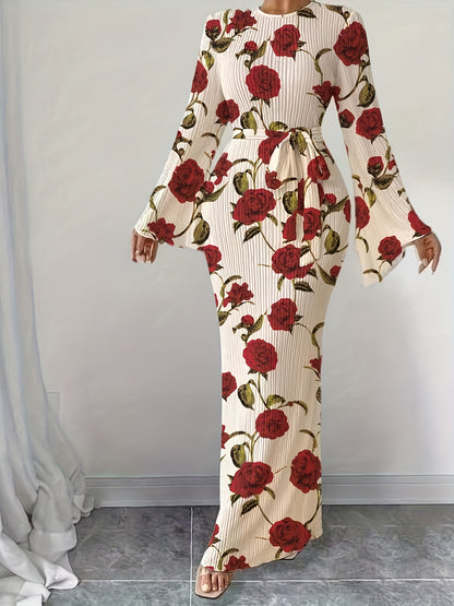 Women's Elegant Pleated Fabric Flared Long Sleeve Dress for Autumn and Winter