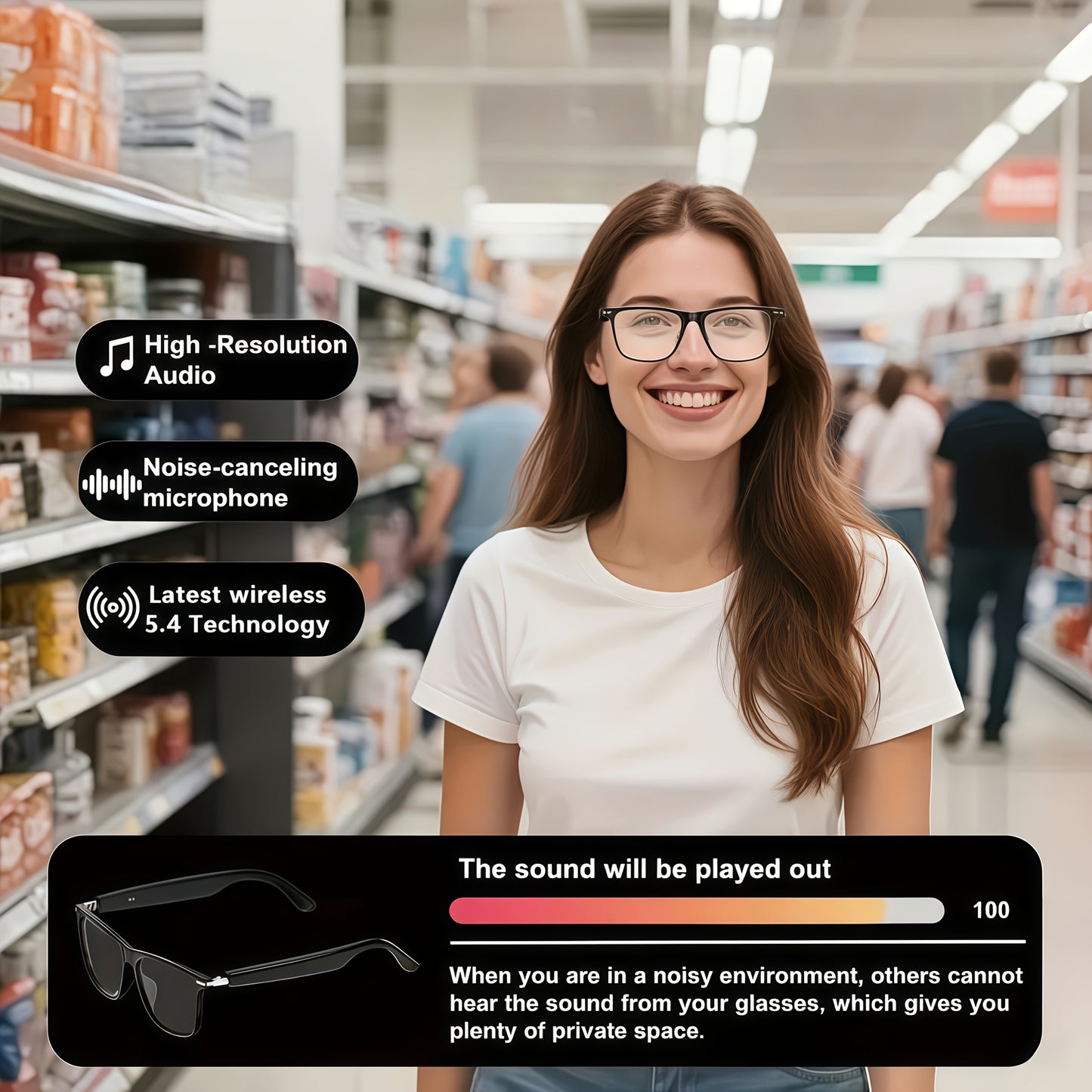 1080P Video Glasses with Real-Time Translation, 160 Languages, High-Definition Audio & 4K Motion Recording, Noise Reduction, Wireless Call, Wireless, Magnetic Charging - USB Rechargeable for TV, Mobile Phones, Laptops, Cyclin