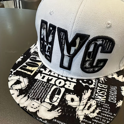 Unisex Flat Brim Snapback Baseball Cap | Black and White New York Pattern Print, 100% Acrylic Breathable Hip-Hop Hat, Adjustable Fit, Suitable for Casual Outdoor Sports, Parties, and Urban Streetwear
