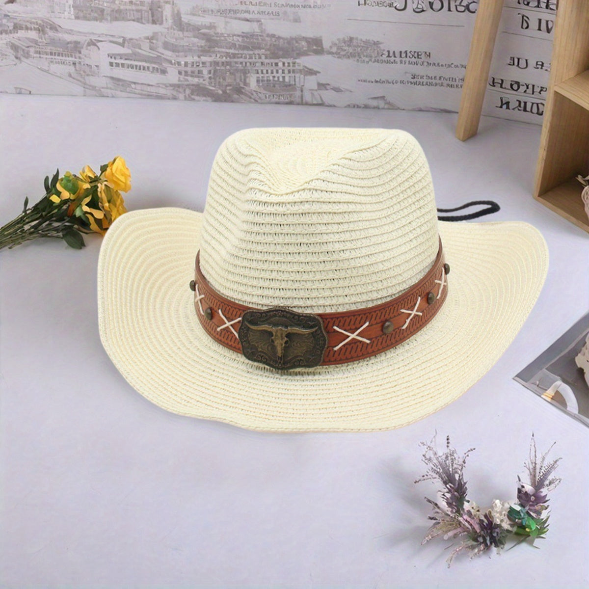 Men Women Straw Cowgirl Hat Wide Brim Stylish Bull Head Leather Belt Design Western Cap for Beach Daily Life Party