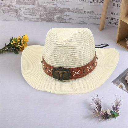 Men Women Straw Cowgirl Hat Wide Brim Stylish Bull Head Leather Belt Design Western Cap for Beach Daily Life Party