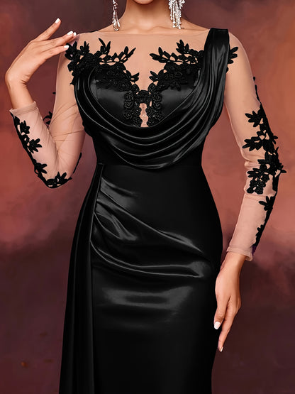 Elegant Long Ladies' Gown with Lace Detail | Solid Color, Contrast Mesh, Long Sleeve, Gown Hem, Ideal for Christmas, Birthday, Graduation, Travel
