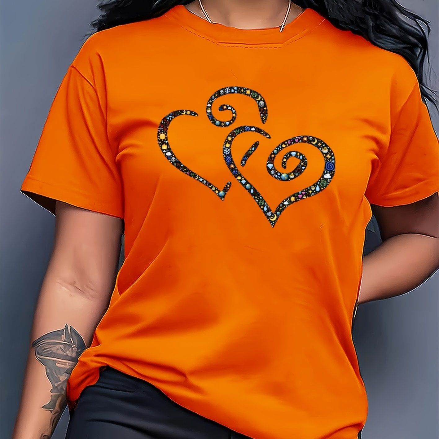 Women's Casual Short Sleeve T-Shirt with Rhinestone-Embellished Heart Print - Round Neck Relaxed Fit, Medium Stretch Fabric, Machine Washable, All-Season Versatile Top for Casual Attire & Vacations (S-XXL, Multi-Color Options