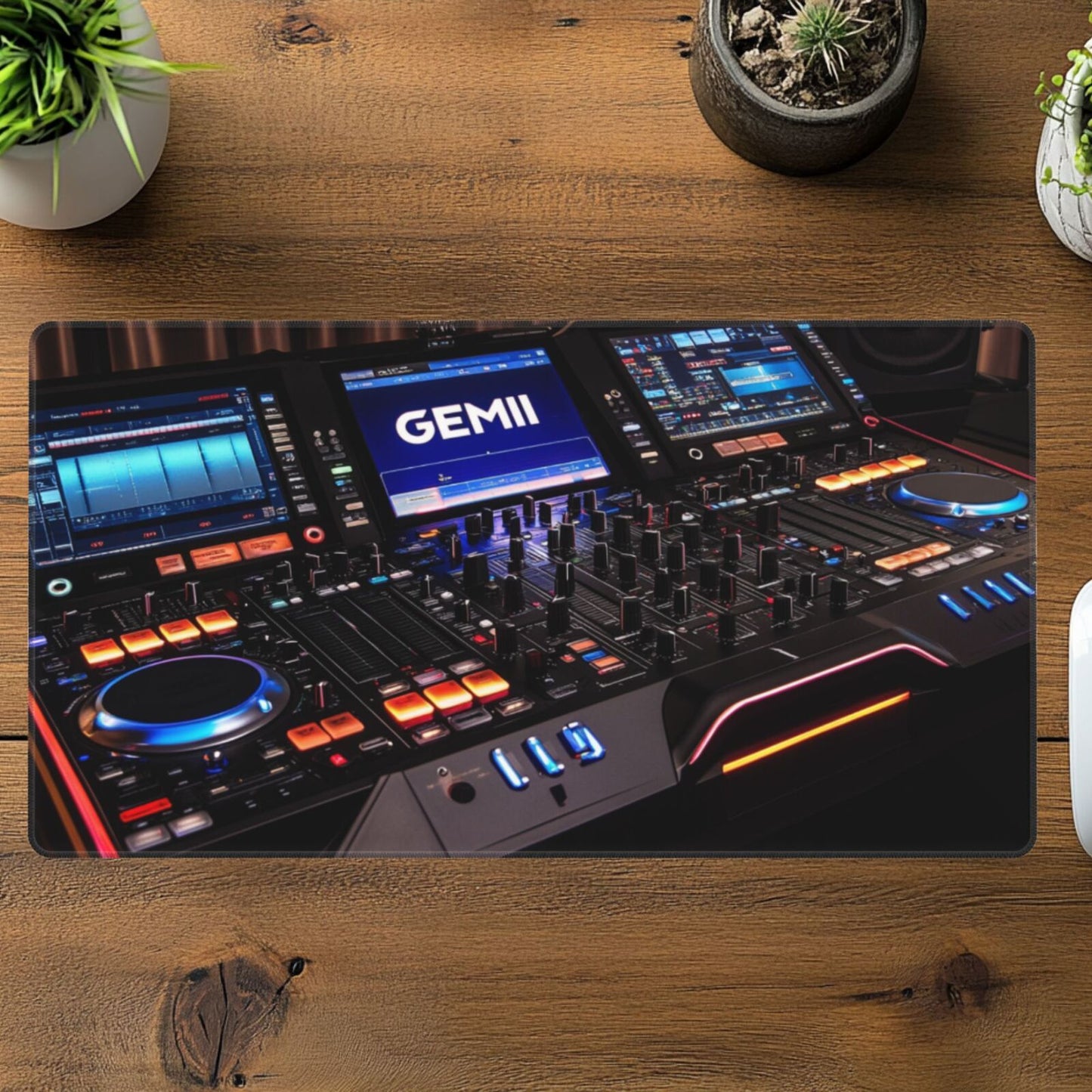 1pc Gemini G4V Controller Design Mousepad, Non-Slip Rubber Base, Washable Oblong Desk Mat for DJs, Professional Mixing & Effects Setup, Modern Black with Illuminated Displays, Mouse Pads for Desk
