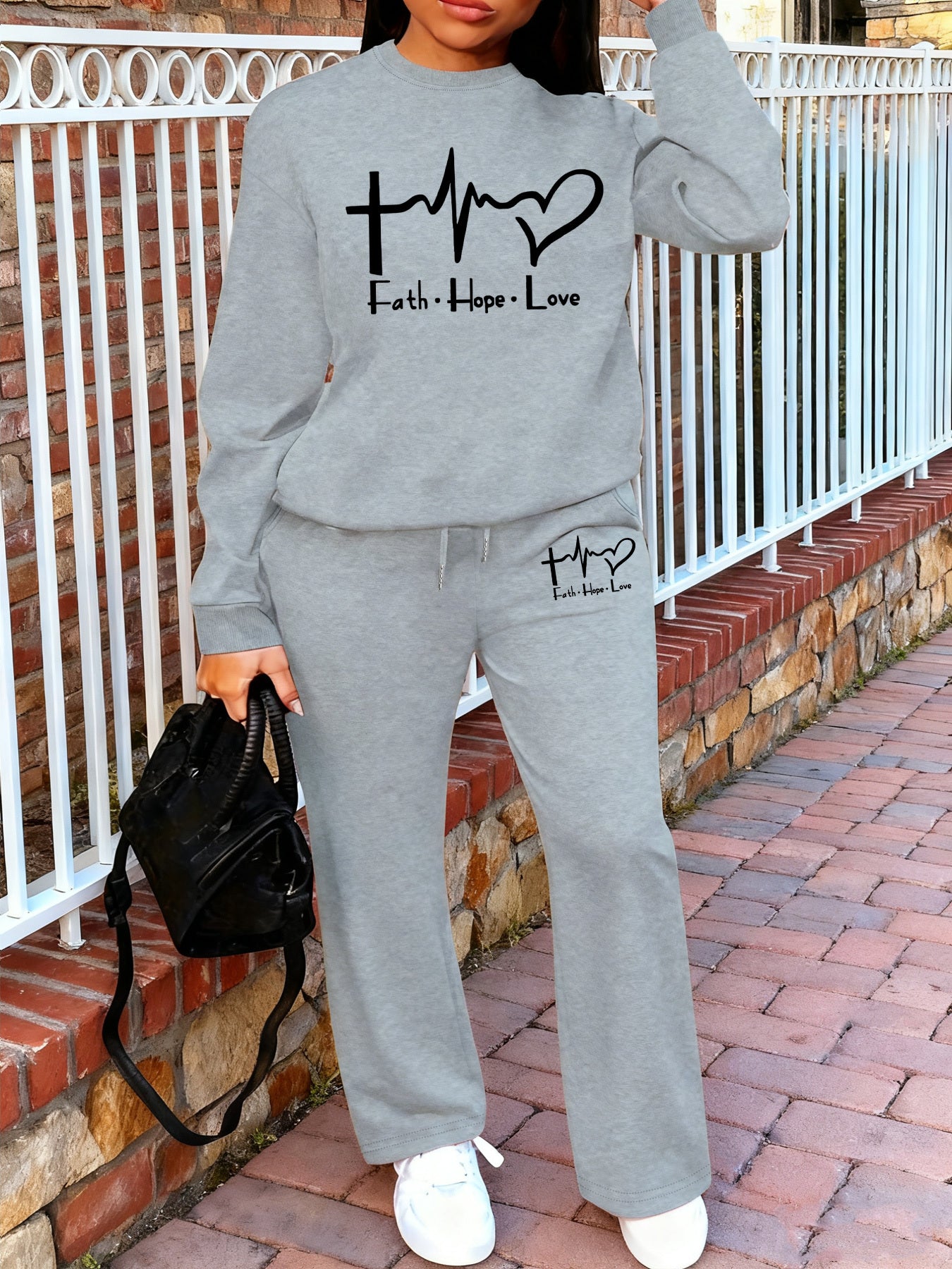 Women'S Casual Crew Neck Sweatshirt and Straight-Leg Pants Two-Piece Set with "Faith Hope Love" Print, Fleece-Lined, Drawstring Waist, All-Season, Comfortable Outfit For Casual Attire, Comfortable Clothing | Crew Neck Sweatsh