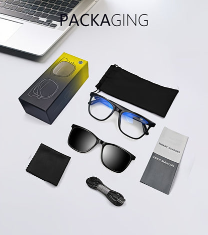 Smart Glasses with Magnetic Frame, 3 Lens Colors, Built-in Microphone, HD Calling, HiFi Music, Touchpad Control, TWS Technology, Compatible with iPhone/ Android, AI Voice Assistant, USB Charging, Non-Waterproof, Ideal for Out