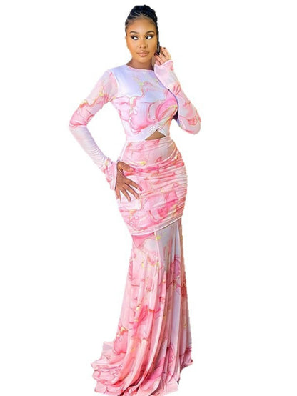 ARTPAGE Style New Sweet Printed Women'S Clothing Splicing Slim Pleated Hip Skirt High Collar Long Sleeve Dress Trend