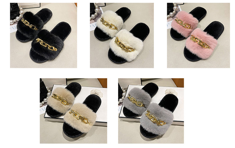 Fluffy Women's Slippers Home Winter Chain Luxury Designer Woman Shoes Plush Indoor Casual Platform Fuzzy Fur Slides Elegant New
