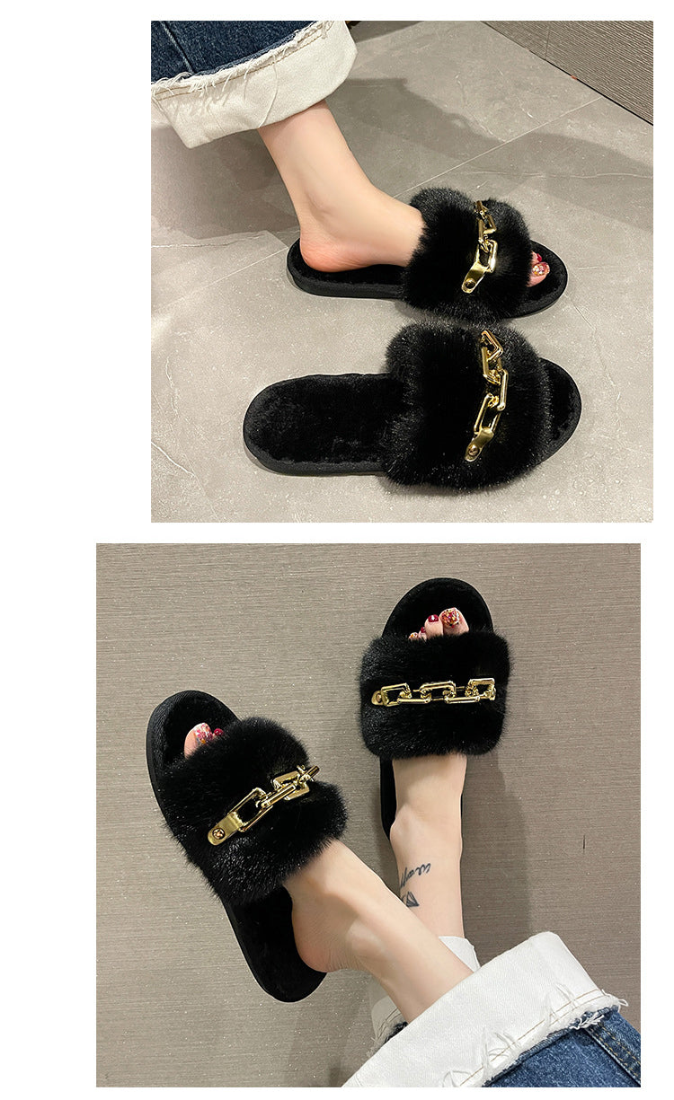 Fluffy Women's Slippers Home Winter Chain Luxury Designer Woman Shoes Plush Indoor Casual Platform Fuzzy Fur Slides Elegant New