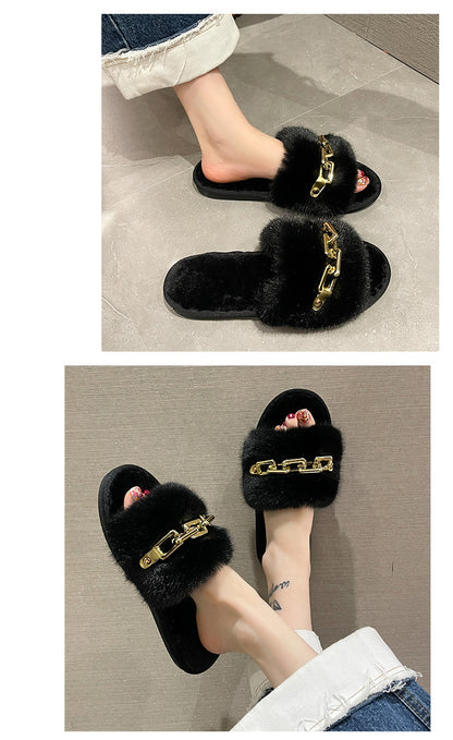Fluffy Women's Slippers Home Winter Chain Luxury Designer Woman Shoes Plush Indoor Casual Platform Fuzzy Fur Slides Elegant New