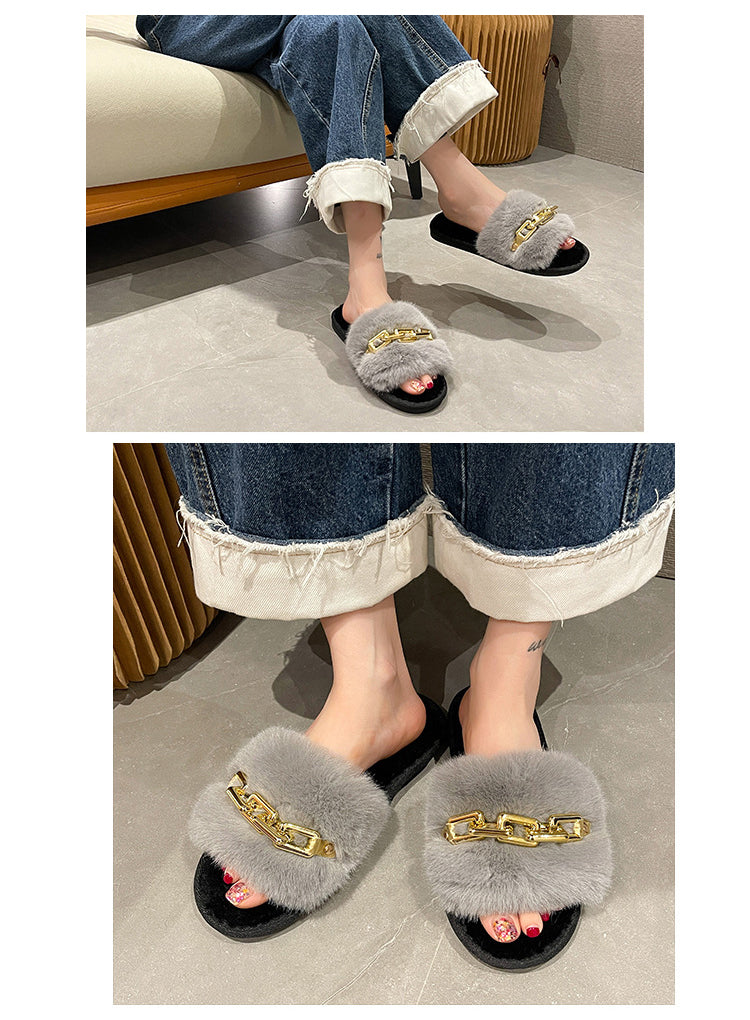 Fluffy Women's Slippers Home Winter Chain Luxury Designer Woman Shoes Plush Indoor Casual Platform Fuzzy Fur Slides Elegant New
