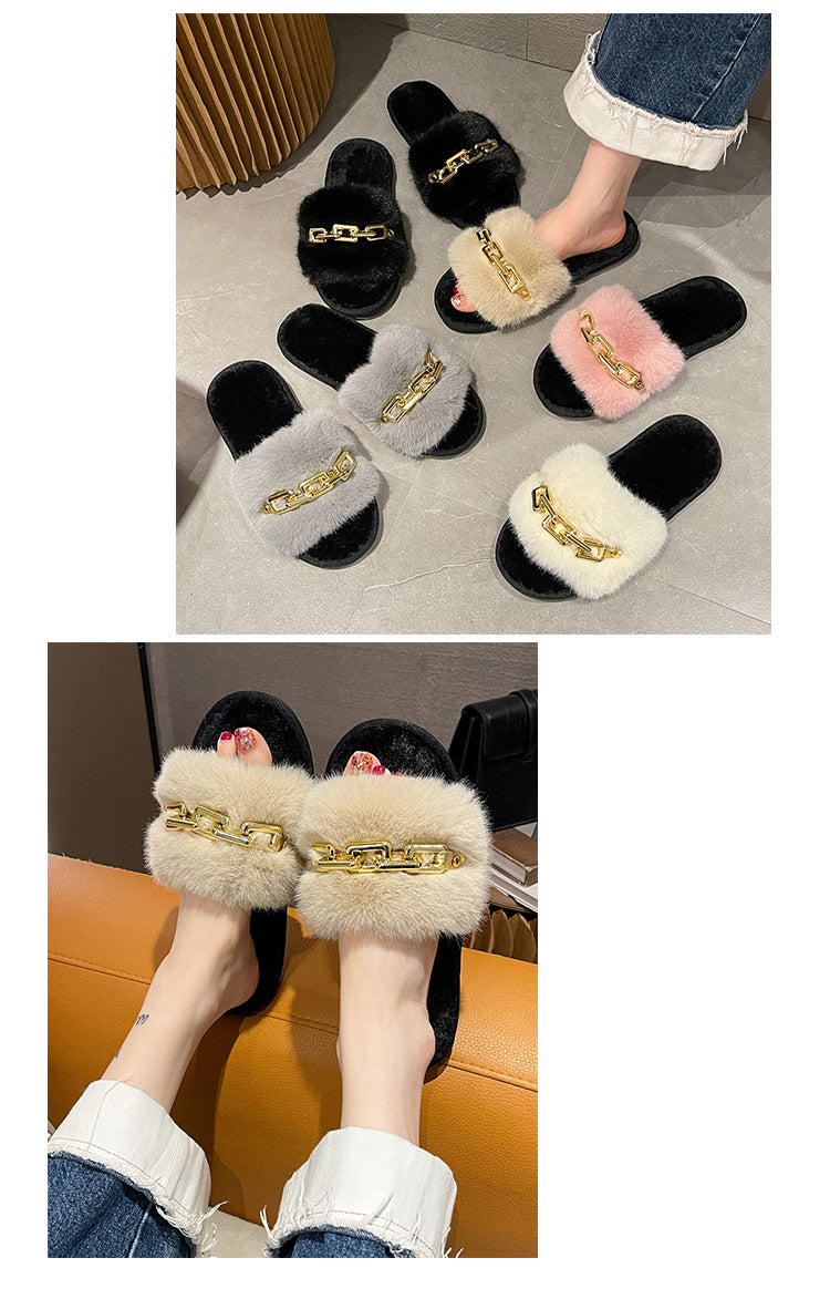 Fluffy Women's Slippers Home Winter Chain Luxury Designer Woman Shoes Plush Indoor Casual Platform Fuzzy Fur Slides Elegant New