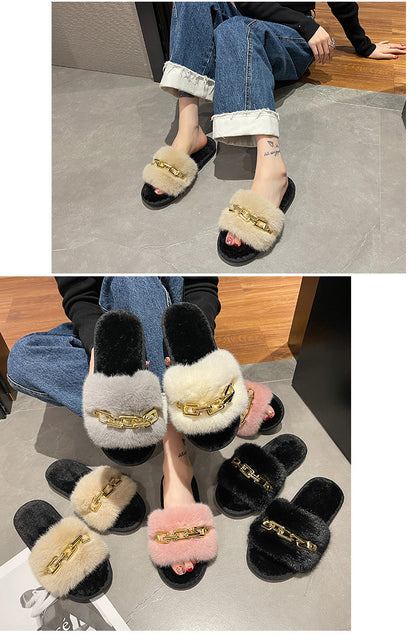 Fluffy Women's Slippers Home Winter Chain Luxury Designer Woman Shoes Plush Indoor Casual Platform Fuzzy Fur Slides Elegant New