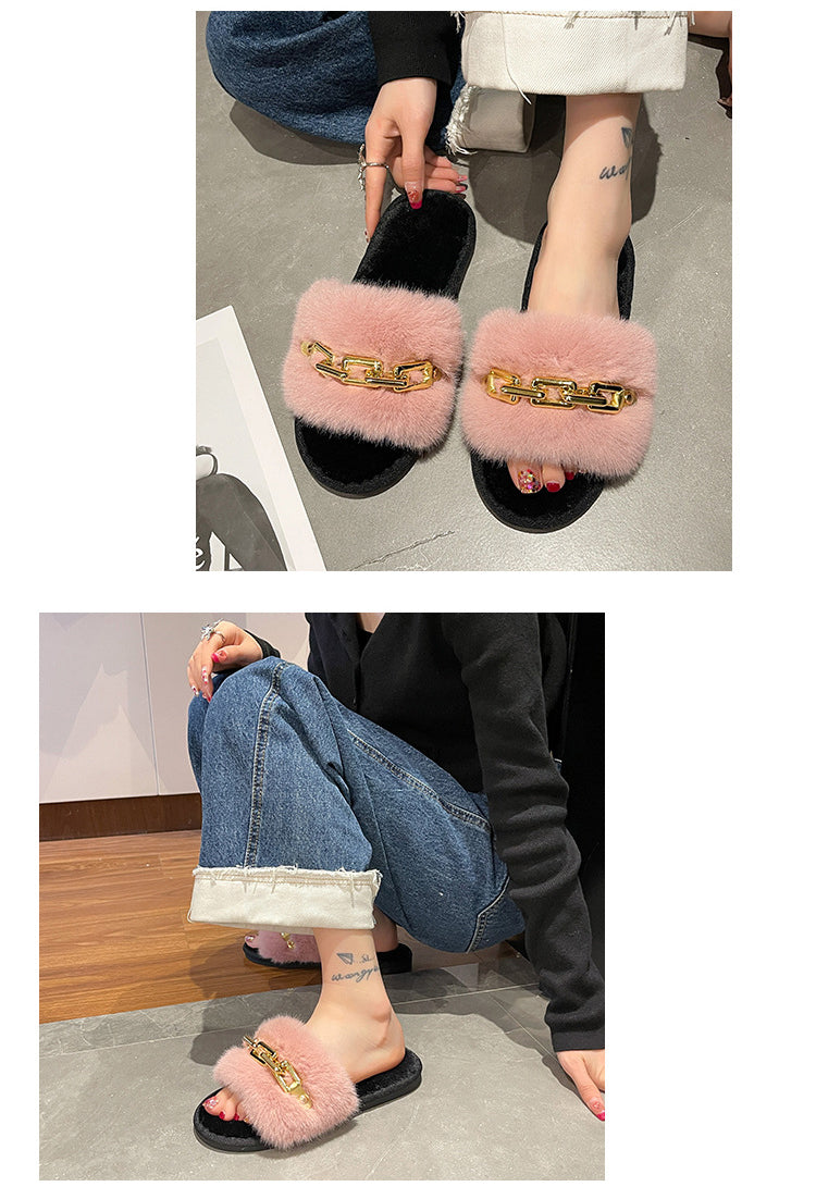 Fluffy Women's Slippers Home Winter Chain Luxury Designer Woman Shoes Plush Indoor Casual Platform Fuzzy Fur Slides Elegant New