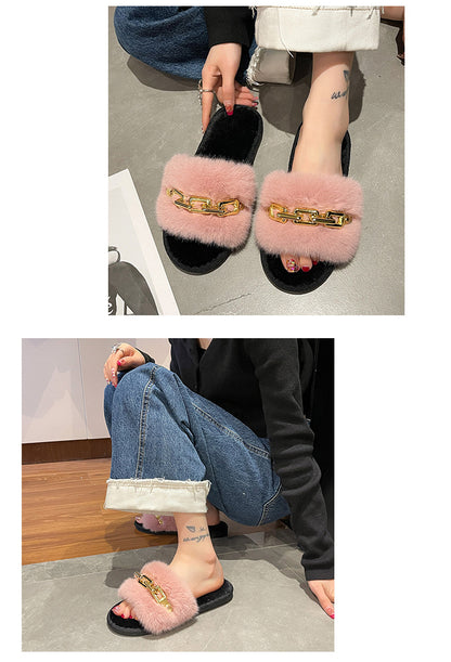 Fluffy Women's Slippers Home Winter Chain Luxury Designer Woman Shoes Plush Indoor Casual Platform Fuzzy Fur Slides Elegant New