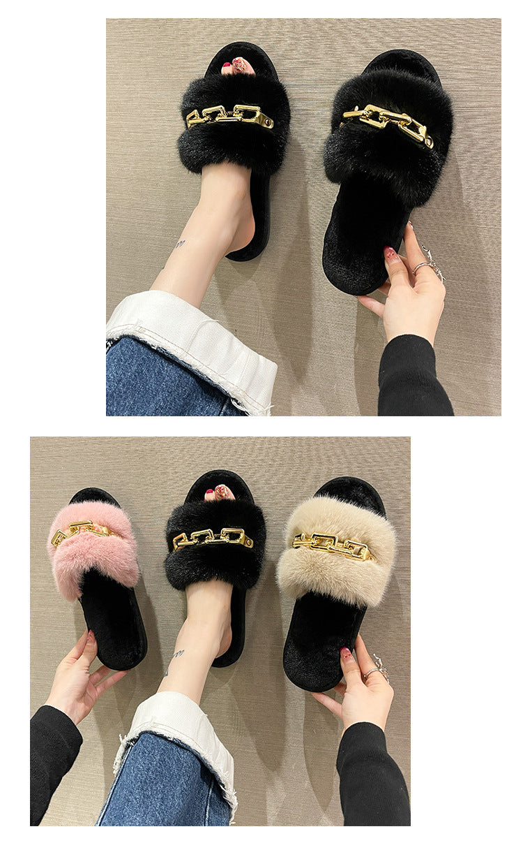 Fluffy Women's Slippers Home Winter Chain Luxury Designer Woman Shoes Plush Indoor Casual Platform Fuzzy Fur Slides Elegant New