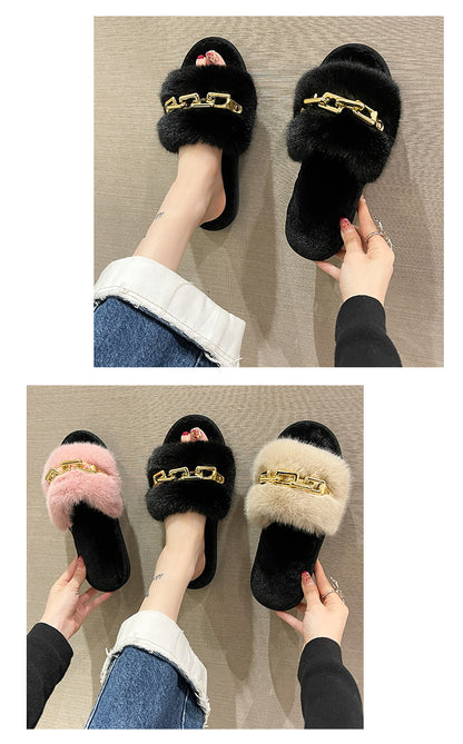 Fluffy Women's Slippers Home Winter Chain Luxury Designer Woman Shoes Plush Indoor Casual Platform Fuzzy Fur Slides Elegant New