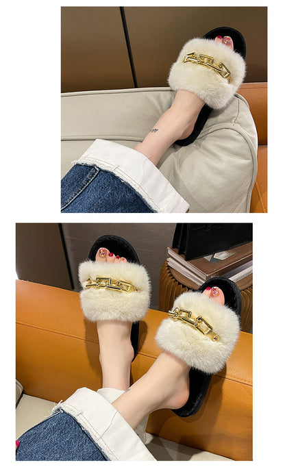 Fluffy Women's Slippers Home Winter Chain Luxury Designer Woman Shoes Plush Indoor Casual Platform Fuzzy Fur Slides Elegant New
