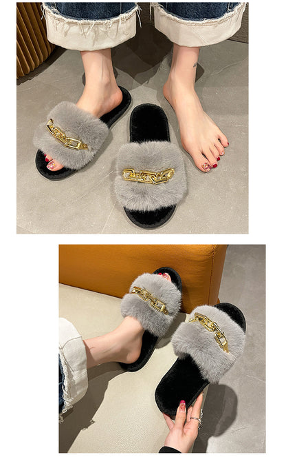 Fluffy Women's Slippers Home Winter Chain Luxury Designer Woman Shoes Plush Indoor Casual Platform Fuzzy Fur Slides Elegant New