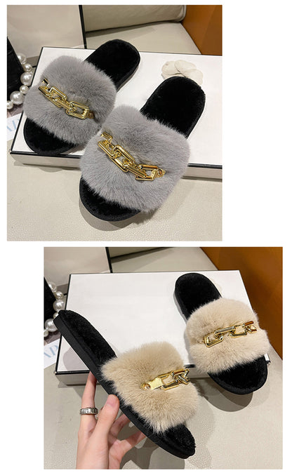 Fluffy Women's Slippers Home Winter Chain Luxury Designer Woman Shoes Plush Indoor Casual Platform Fuzzy Fur Slides Elegant New