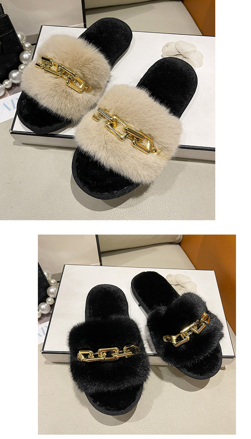 Fluffy Women's Slippers Home Winter Chain Luxury Designer Woman Shoes Plush Indoor Casual Platform Fuzzy Fur Slides Elegant New
