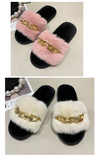 Fluffy Women's Slippers Home Winter Chain Luxury Designer Woman Shoes Plush Indoor Casual Platform Fuzzy Fur Slides Elegant New