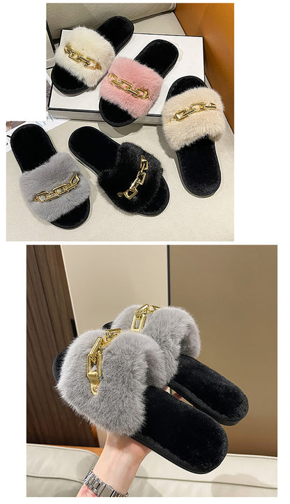 Fluffy Women's Slippers Home Winter Chain Luxury Designer Woman Shoes Plush Indoor Casual Platform Fuzzy Fur Slides Elegant New