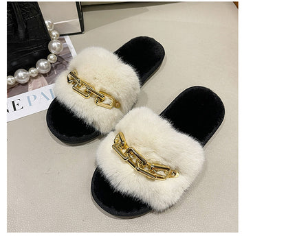 Fluffy Women's Slippers Home Winter Chain Luxury Designer Woman Shoes Plush Indoor Casual Platform Fuzzy Fur Slides Elegant New