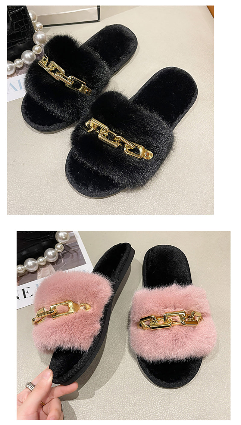 Fluffy Women's Slippers Home Winter Chain Luxury Designer Woman Shoes Plush Indoor Casual Platform Fuzzy Fur Slides Elegant New