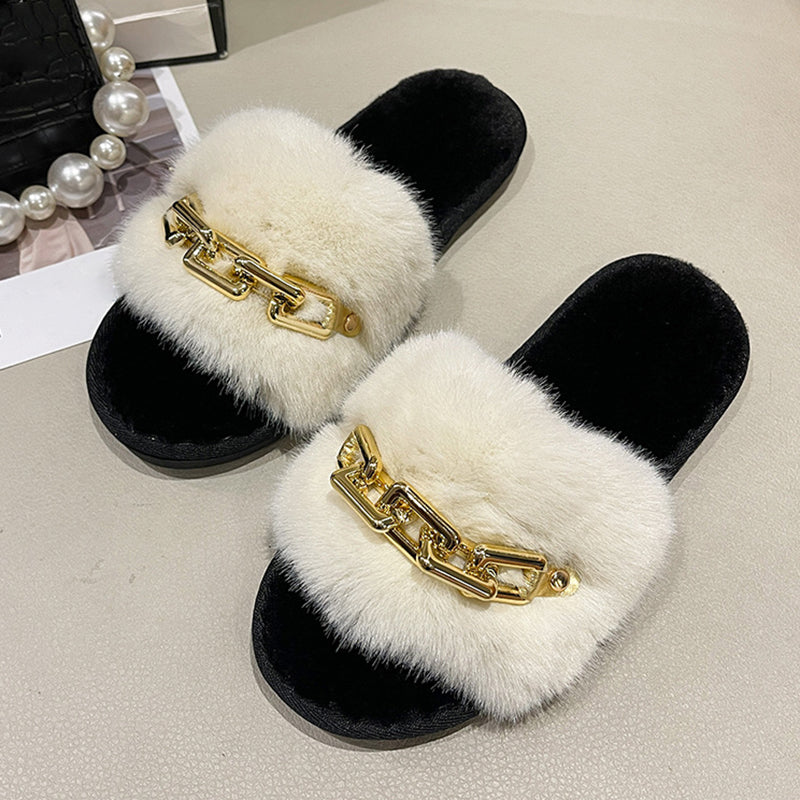 Fluffy Women's Slippers Home Winter Chain Luxury Designer Woman Shoes Plush Indoor Casual Platform Fuzzy Fur Slides Elegant New