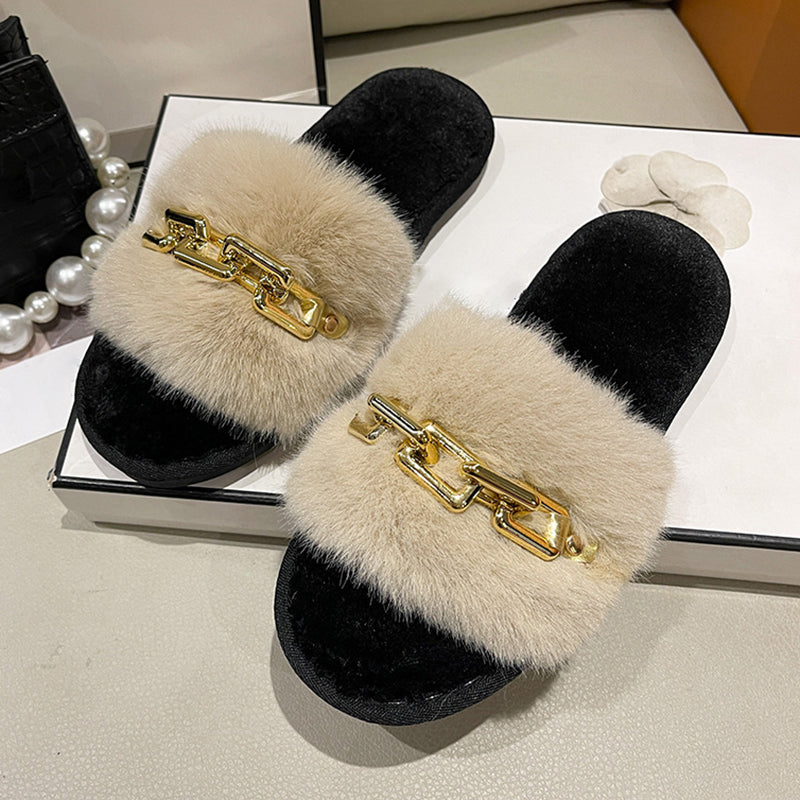Fluffy Women's Slippers Home Winter Chain Luxury Designer Woman Shoes Plush Indoor Casual Platform Fuzzy Fur Slides Elegant New