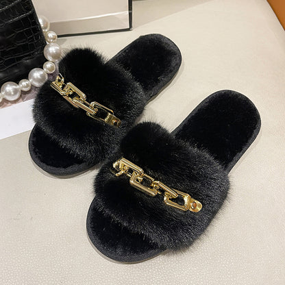 Fluffy Women's Slippers Home Winter Chain Luxury Designer Woman Shoes Plush Indoor Casual Platform Fuzzy Fur Slides Elegant New
