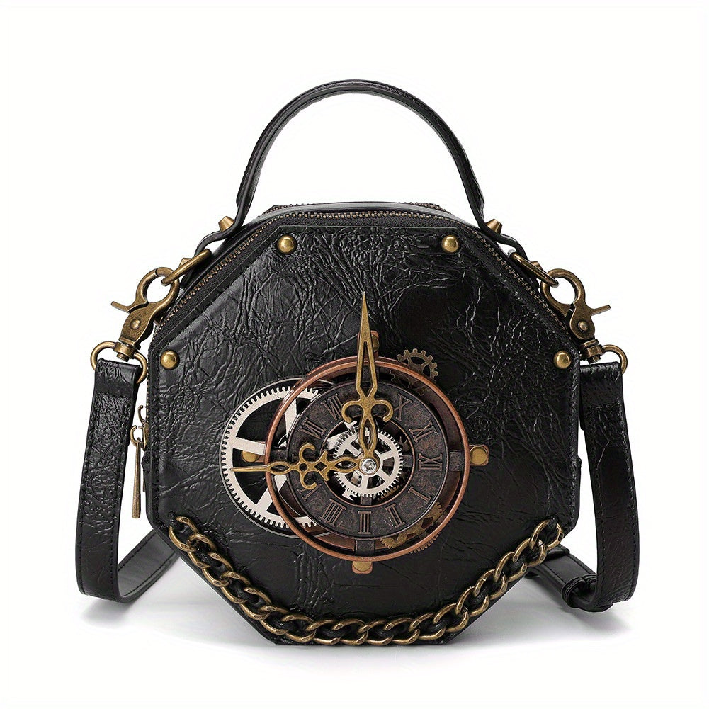 Steampunk Victorian Gothic Crossbody Bag, Retro Industrial Style Shoulder Handbag with Gear Cogs and Chain Detail, Adjustable Strap 39.37inch, Polyester Lined, Buckle Closure for Women - Black, Party Accessory|Gothic Style Ba