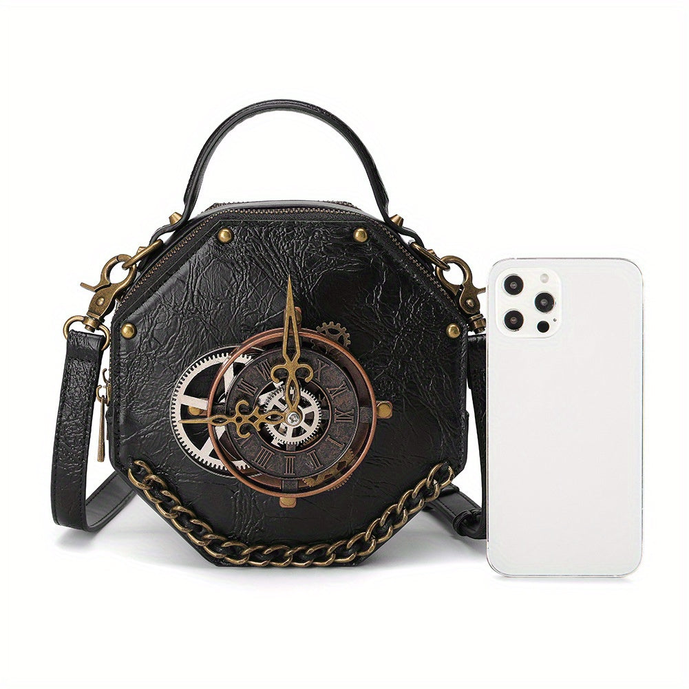 Steampunk Victorian Gothic Crossbody Bag, Retro Industrial Style Shoulder Handbag with Gear Cogs and Chain Detail, Adjustable Strap 39.37inch, Polyester Lined, Buckle Closure for Women - Black, Party Accessory|Gothic Style Ba