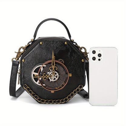 Steampunk Victorian Gothic Crossbody Bag, Retro Industrial Style Shoulder Handbag with Gear Cogs and Chain Detail, Adjustable Strap 39.37inch, Polyester Lined, Buckle Closure for Women - Black, Party Accessory|Gothic Style Ba