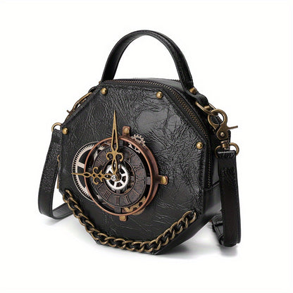 Steampunk Victorian Gothic Crossbody Bag, Retro Industrial Style Shoulder Handbag with Gear Cogs and Chain Detail, Adjustable Strap 39.37inch, Polyester Lined, Buckle Closure for Women - Black, Party Accessory|Gothic Style Ba