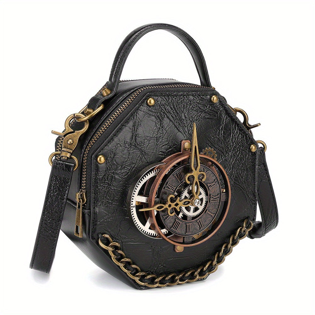 Steampunk Victorian Gothic Crossbody Bag, Retro Industrial Style Shoulder Handbag with Gear Cogs and Chain Detail, Adjustable Strap 39.37inch, Polyester Lined, Buckle Closure for Women - Black, Party Accessory|Gothic Style Ba