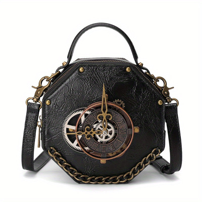 Steampunk Victorian Gothic Crossbody Bag, Retro Industrial Style Shoulder Handbag with Gear Cogs and Chain Detail, Adjustable Strap 39.37inch, Polyester Lined, Buckle Closure for Women - Black, Party Accessory|Gothic Style Ba