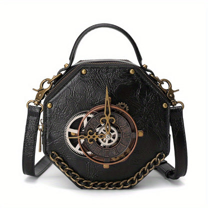 Steampunk Victorian Gothic Crossbody Bag, Retro Industrial Style Shoulder Handbag with Gear Cogs and Chain Detail, Adjustable Strap 39.37inch, Polyester Lined, Buckle Closure for Women - Black, Party Accessory|Gothic Style Ba
