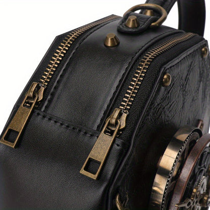 Steampunk Victorian Gothic Crossbody Bag, Retro Industrial Style Shoulder Handbag with Gear Cogs and Chain Detail, Adjustable Strap 39.37inch, Polyester Lined, Buckle Closure for Women - Black, Party Accessory|Gothic Style Ba