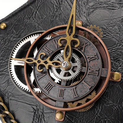 Steampunk Victorian Gothic Crossbody Bag, Retro Industrial Style Shoulder Handbag with Gear Cogs and Chain Detail, Adjustable Strap 39.37inch, Polyester Lined, Buckle Closure for Women - Black, Party Accessory|Gothic Style Ba