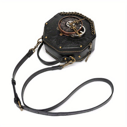 Steampunk Victorian Gothic Crossbody Bag, Retro Industrial Style Shoulder Handbag with Gear Cogs and Chain Detail, Adjustable Strap 39.37inch, Polyester Lined, Buckle Closure for Women - Black, Party Accessory|Gothic Style Ba