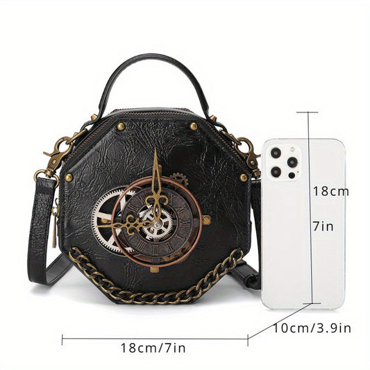 Steampunk Victorian Gothic Crossbody Bag, Retro Industrial Style Shoulder Handbag with Gear Cogs and Chain Detail, Adjustable Strap 39.37inch, Polyester Lined, Buckle Closure for Women - Black, Party Accessory|Gothic Style Ba